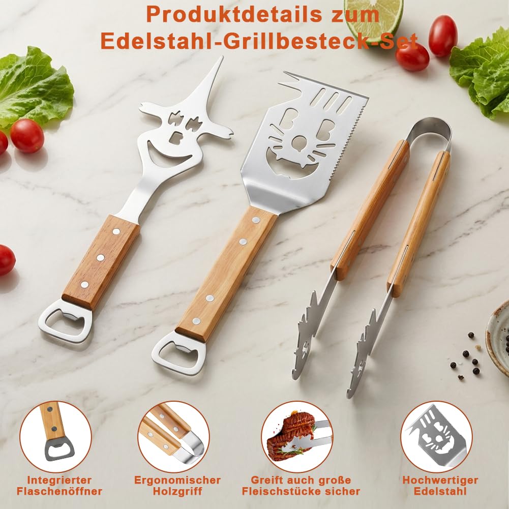 7-in-1 Grillbesteck Set Edelstahl, Multifunktionales Grillspachtel mit Grillzange und Grillgabel, BBQ Grill Zubehör, Kreativer Grillzubehör Männer Geschenk, Grill Geschenke für Männer/Frauen/Eltern 4