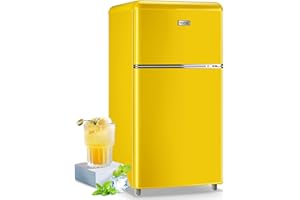 WANAI Small Refrigerator with Freezer 3.5 Cu.Ft Mini Fridge for Bedroom Dual Door Adjustable Shelves Dorm Refrigerator Suitable for Home Garage Office College Yellow