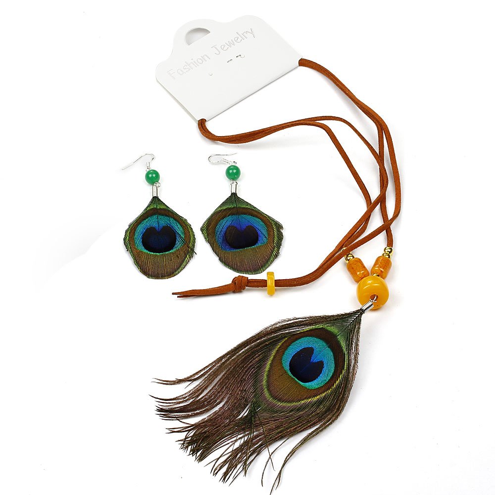 RUNHENG Handmade Feather Peacock Pendant Necklace and Earring Fashion Set