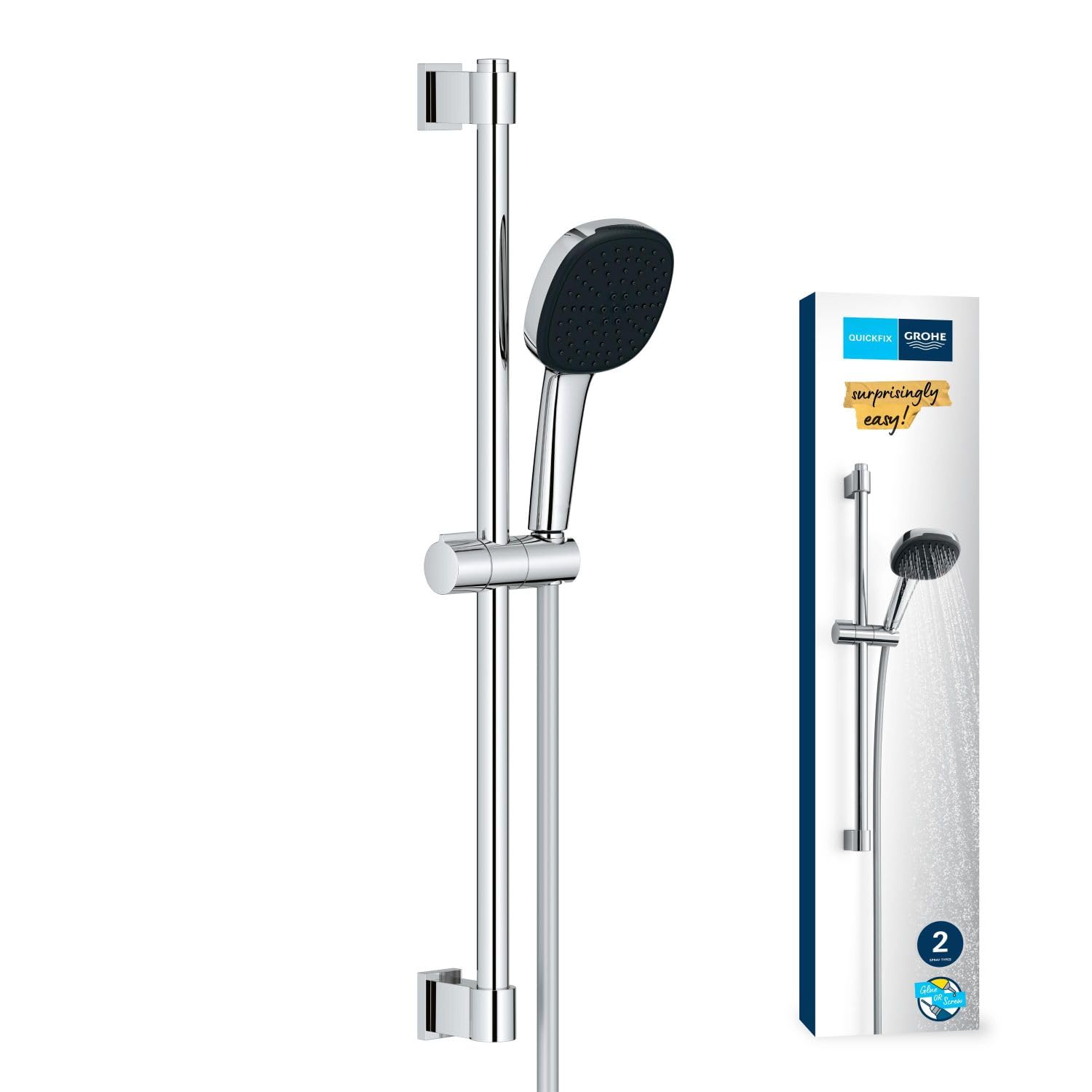 GROHE Vitalio Comfort 110 - Shower Set (Square 11 cm Hand Shower 2 Sprays: Rain & Jet, Shower Hose 1.75 m, Shower Rail 60 cm, Anti-Limescale System), Easy to Fit with GROHE QuickGlue, Chrome, 26928001