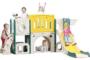 MOCUTEEN 8 in 1 Toddler Slide Set, Kids Slide for Toddlers Age 1+, Toddler Climber Slide PlaySet with Basketball Hoop and Ball,Outdoor Indoor Playground for Toddlers 1-3 Upgraded