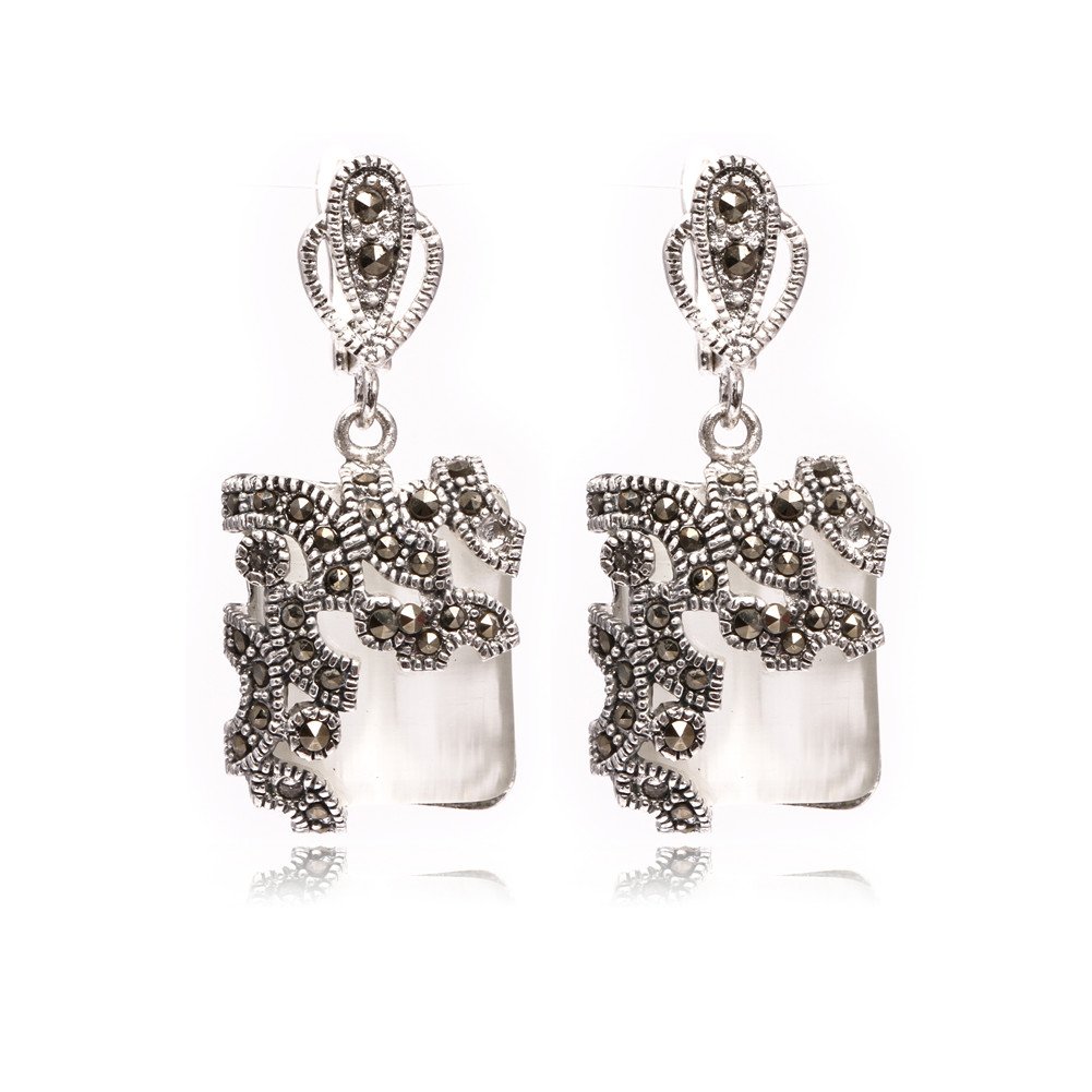 Sweet & Happy Girl'S Store 15mm Square White Cat Eye Beads Tibetan Silver Marcasite Base Dangle Stud Earrings? Jewelry