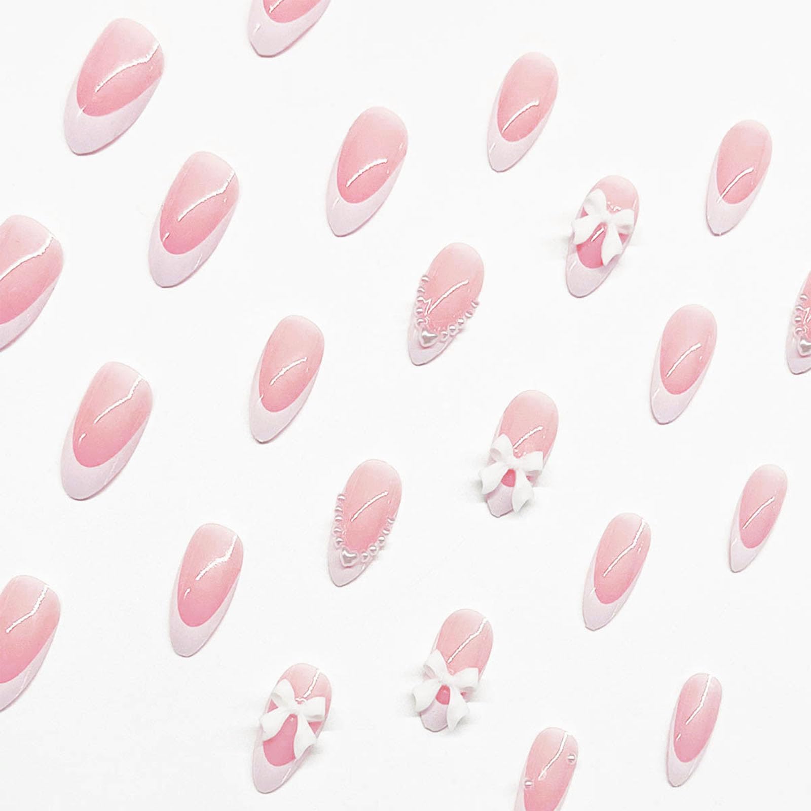 White French Tip Almond Medium Fake Nails with White Pearls Bow Designs Pink Full Cover Glue on Press On Acrylic False Glossy Stick on Nails - 24pcs - Image 4
