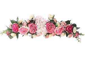 ZHDOKA 26in Artificial Rose Flower Swag, Pink Hydrangea Peony Garland Decorative Swag with Green Leaves, Fake Floral Swag for Wedding Arch Front Door Wall Decor(#1)