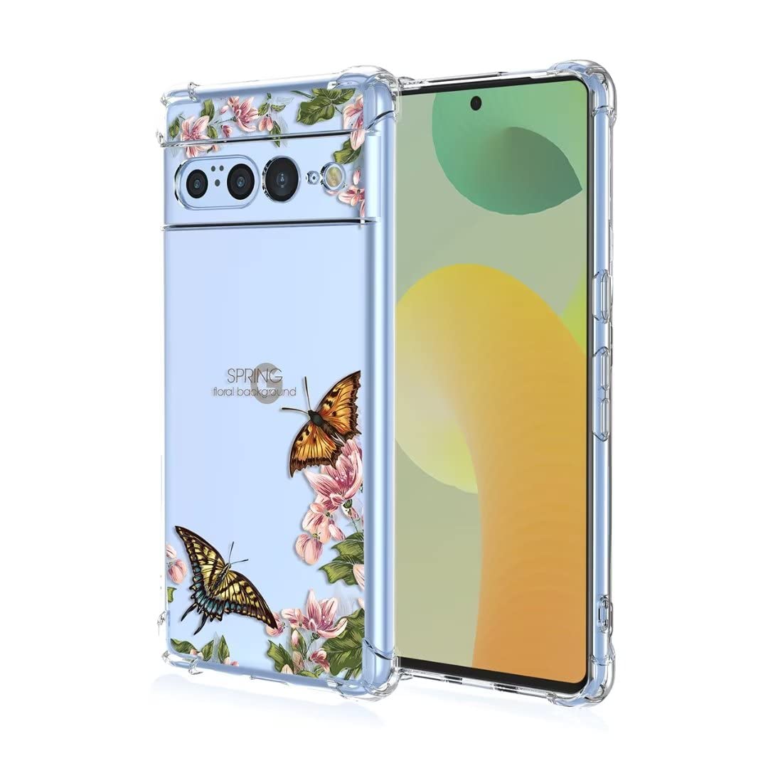 COMAKU Case Compatible with Google Pixel 7 Pro Case Clear with Pattern Slim Protective Soft TPU Bumper Embossed Flower Design - Butterfly