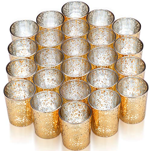 VIZAYO Gold Votive Candle Holders Set of 24 Mercury Glass Votives and Tealight Candle Holder
