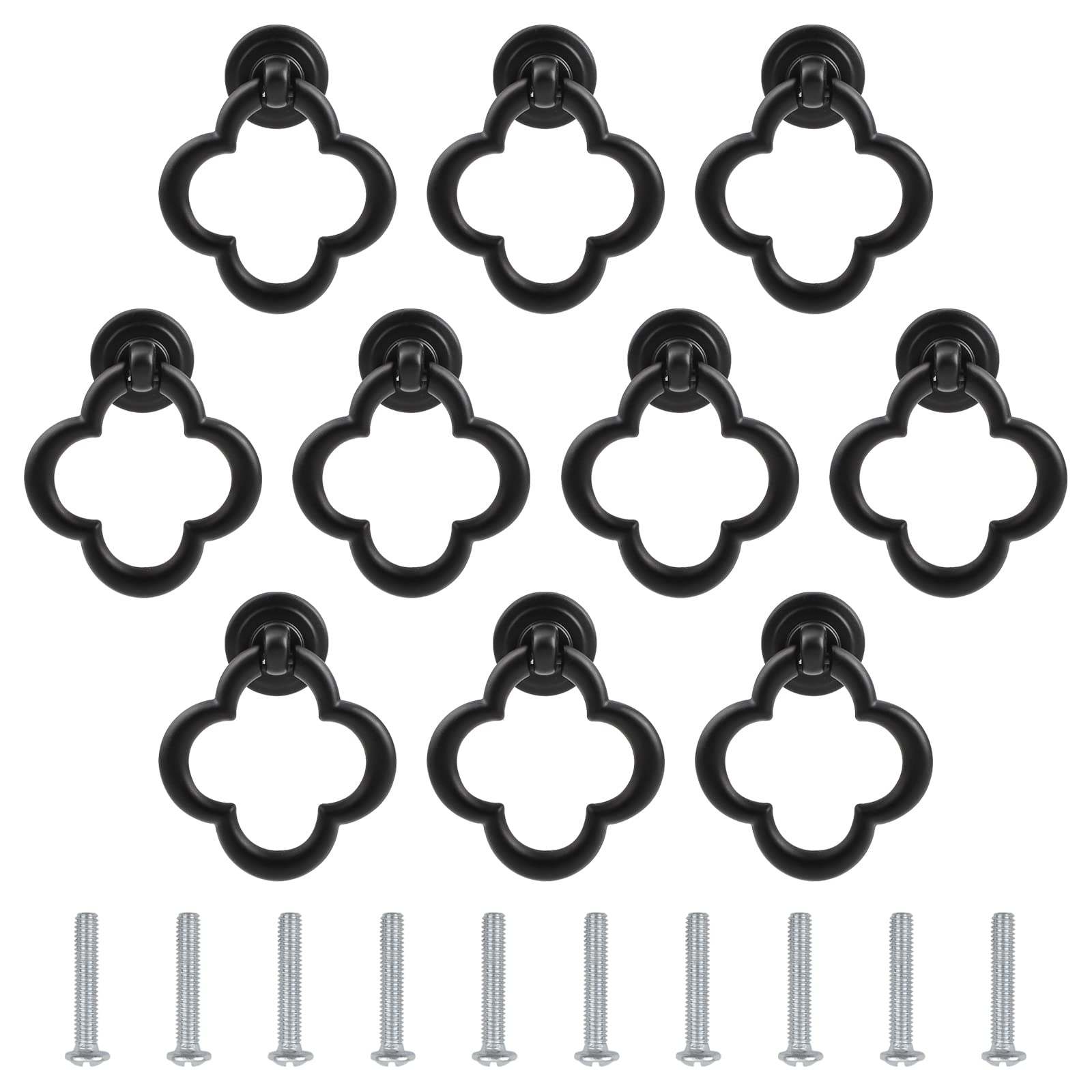 UFURMATE Drawer Pulls Rings, 10Pcs Zinc Alloy Pulls Ring Knobs Metal Ring Pull Handle Single Hole Furniture Cabinet Ring Pulls with Screws for Dresser Cupboard (Black Flower) — image 1