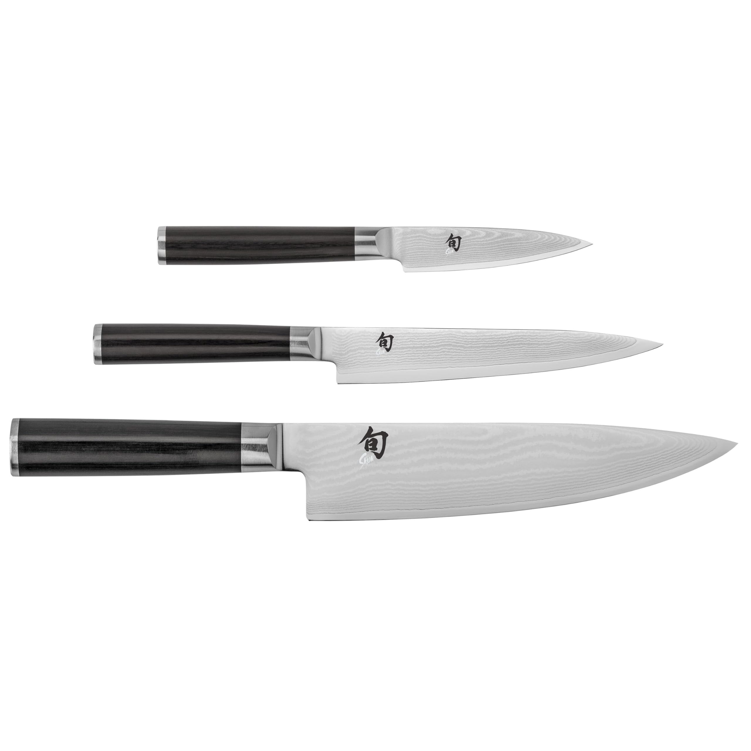 KAI Shun Classic japanisches Kochmesser 3er Set - Kochmesser 20 cm Klingenlänge + Allzweckmesser 15 cm Klingenlänge + Officemesser 9 cm Klingenlänge - Damastmesser 32 Lagen VG MAX Kern - Pakkaholz