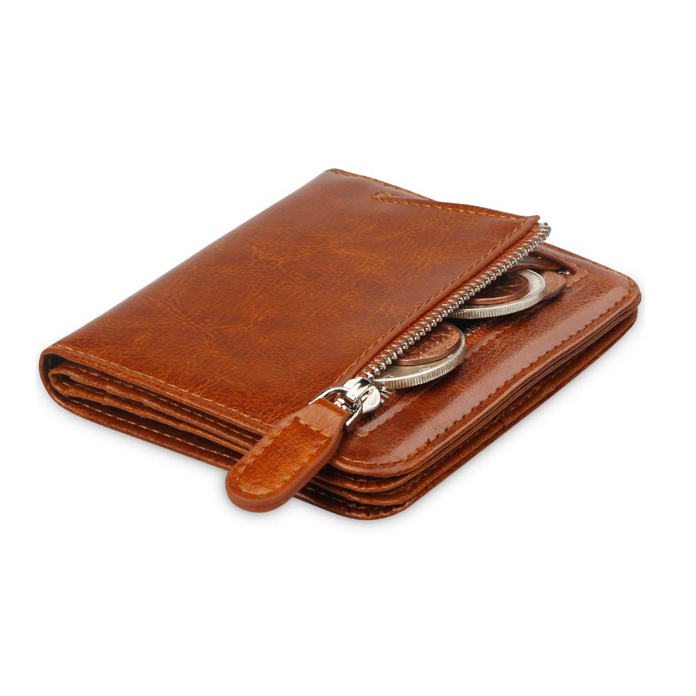 FT FUNTOR Small Wallet for Woman with Card Ladies Bifold Zipper Pocket RFID Blocking Leather Wallet Purse (Wax Brown)