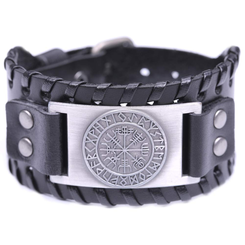 VASSAGO Vintage Nordic Viking Runes Wicca Vegvisir Compass Charm Cuff New-style Belt Buckle Bracelet (Black Leather, Antique Silver)