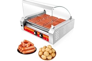 Vexon 1670W Hot Dog Roller Grill with 11 Non-Stick Stainless Steel Rollers, Holds 30 Hot Dogs, Includes Removable Glass Cover for Snack Bar Convenience Stores