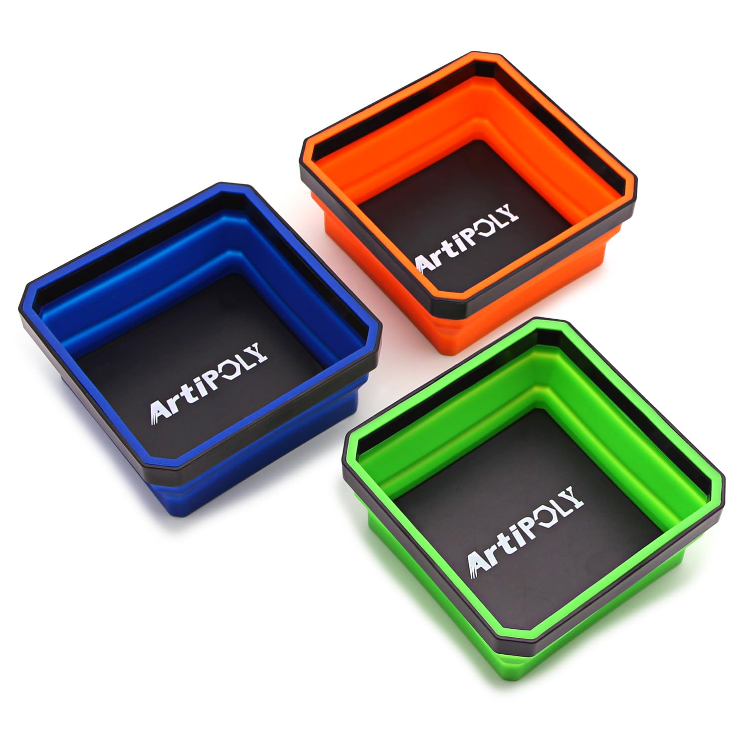 Photo 1 of ARTIPOLY Collapsible Magnetic Parts Tray Set, 3 Pack Foldable Silicone Magnetic Tool Trays for Bolts, Screws, Nuts and Other Small Metal Parts, 4.5 Inch Square Silicone Bowls