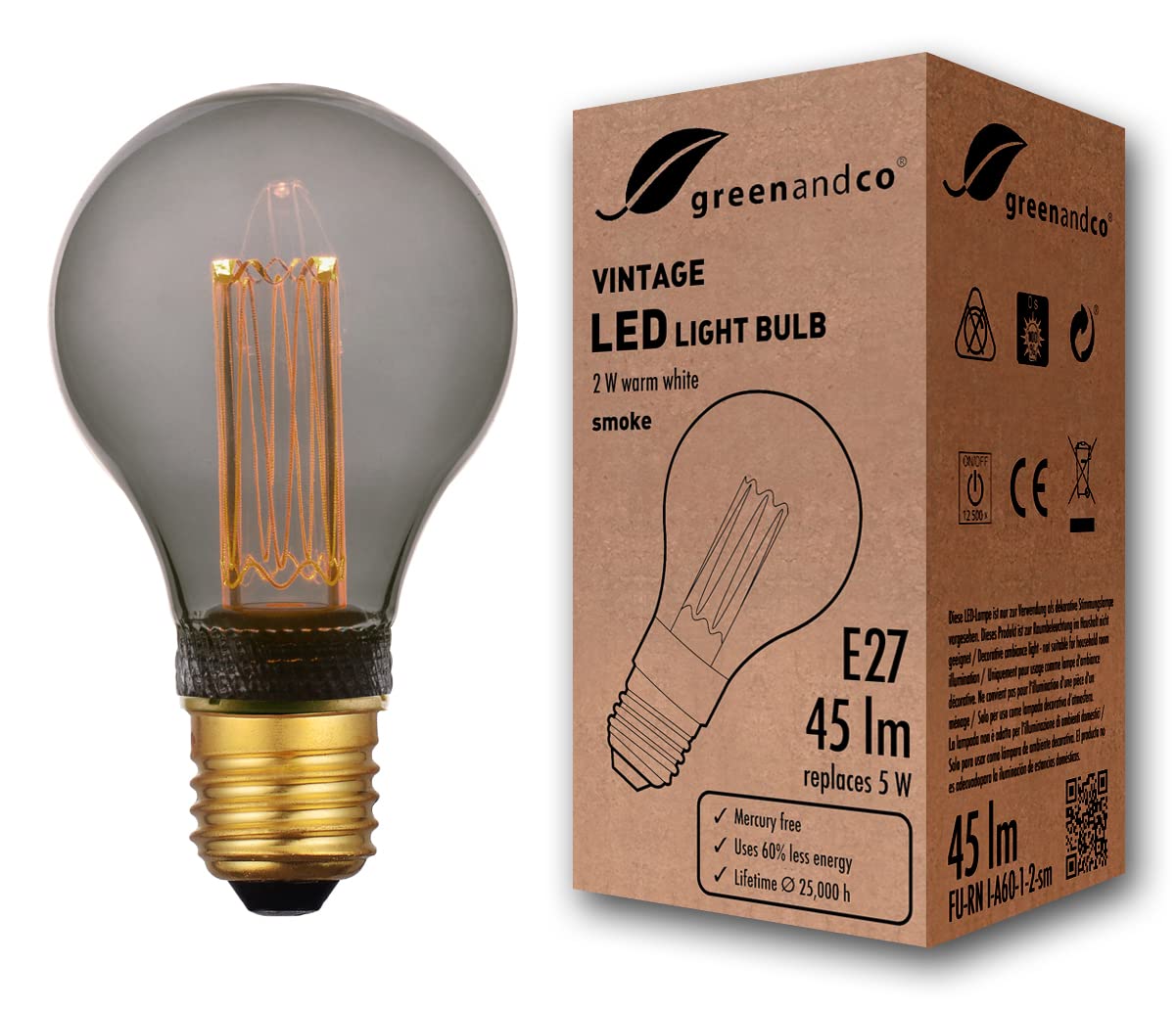 greenandco Decorative LED Vintage Light Bulb | E27 A60 | Smoke | 2W 45lm | 1800K Extra Warm White | 320° | 230V | Flicker Free | Not Dimmable