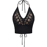 SHENHE Women's Open Back Knitted Halter Crop Top Tie Backless Embroidered Hippie Top