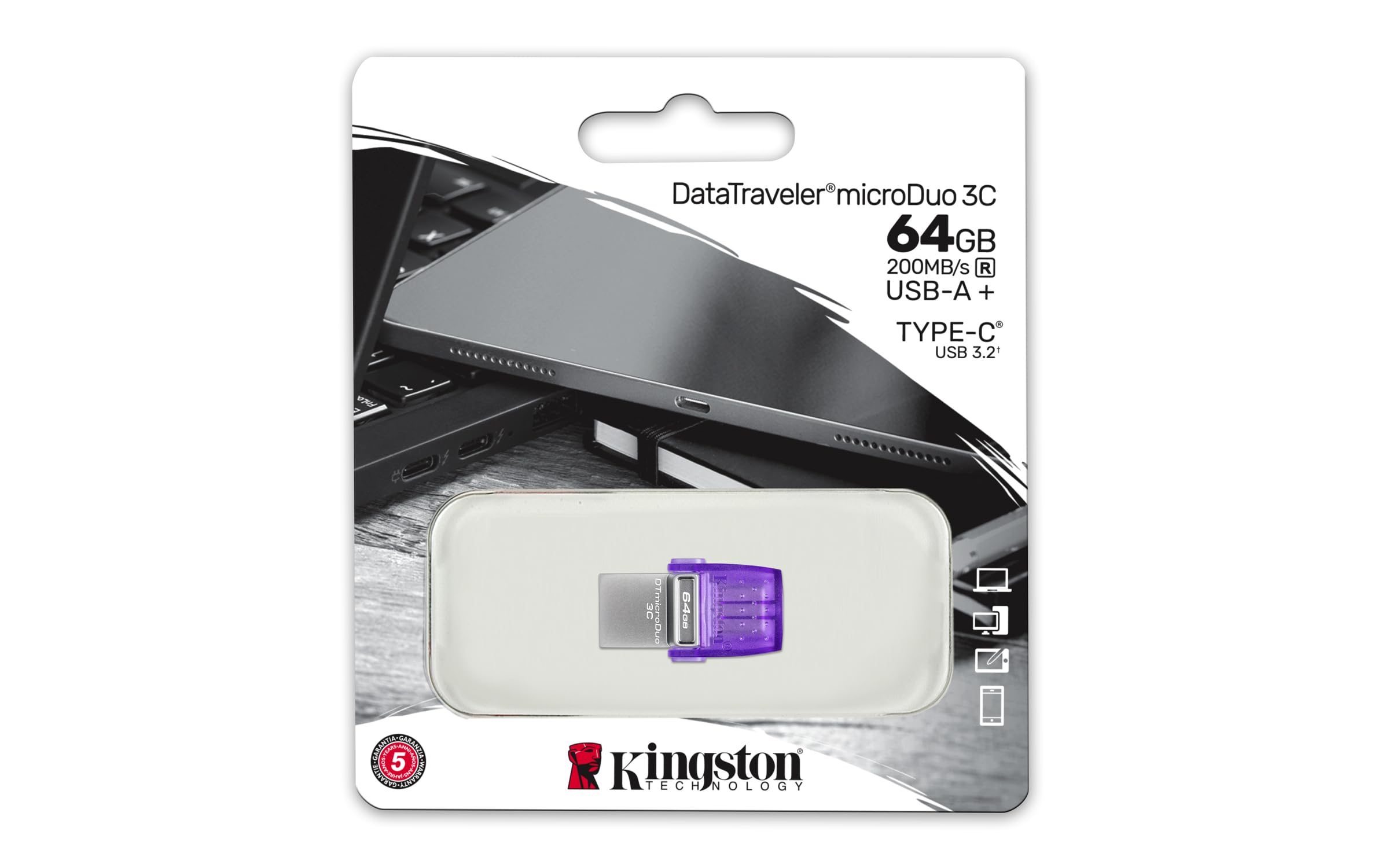 Kingston DataTraveler microDuo 3C 64GB USB-C & USB-A Flash Drive | Speeds up to 200 MB/s | USB 3.2 Gen 1 | Duo Connector | DTDUO3CG3/64GB,Purple/Silver