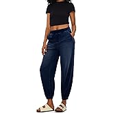 Fanica Women‘s High Rise Wide Leg Jeans, Drawstring Waist with Tapered Ankle Cuff Denim Pants