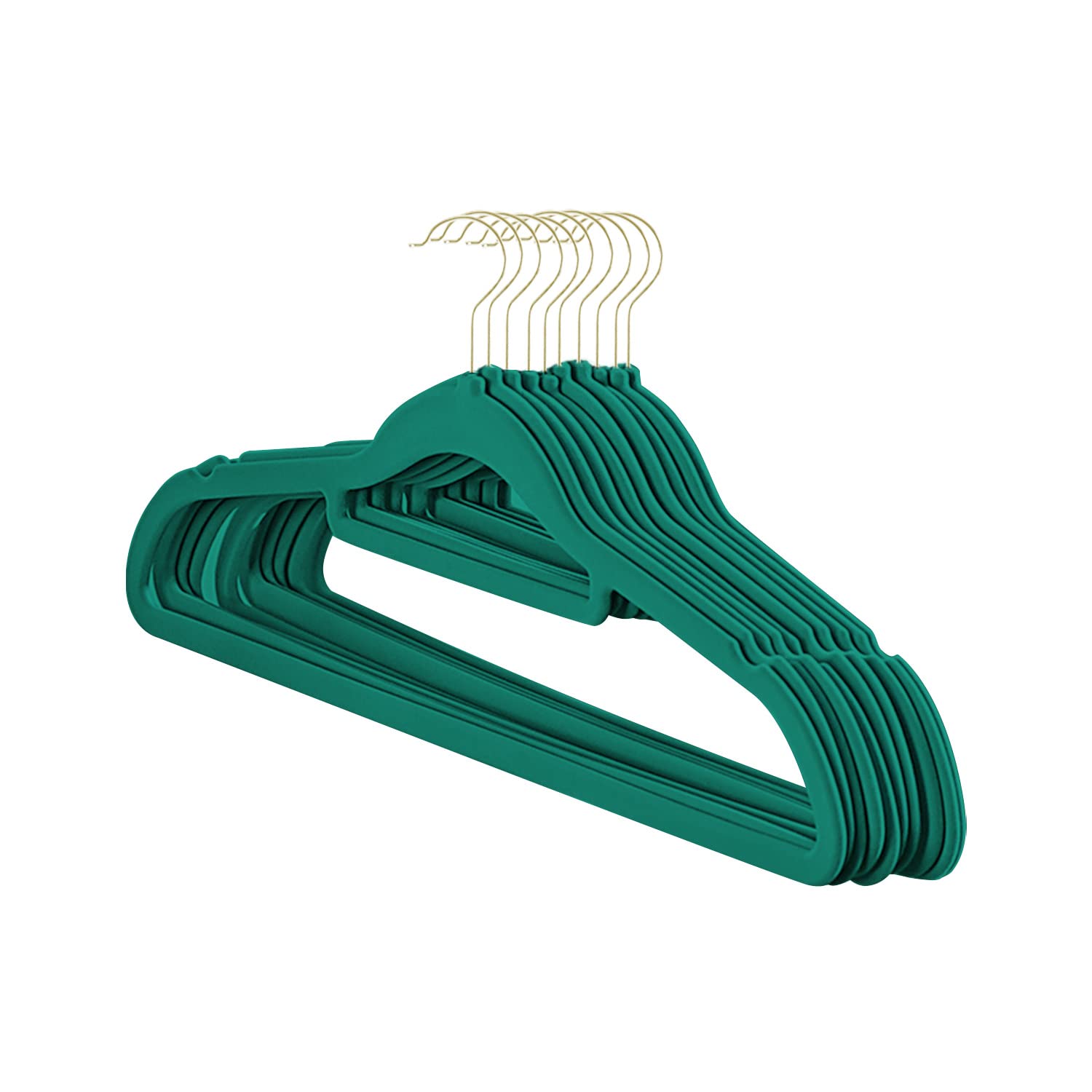 Premium Velvet Hangers 10 Pack - Slim Space Saving Coat Hanger With Tie Bar, Non Slip 360° Swivel Hook for Suits, Shirts, Dresses & Trousers - Thin Flocked Felt (Green)