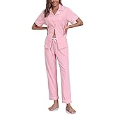CF Womens 100% Cotton Pajamas Set Button Down Pjs Sets Short Sleeve Top & Long Pants Sleepwear Comfy Loungewear with Pockets