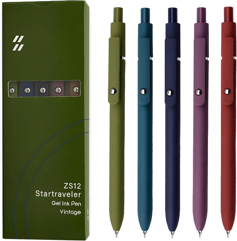 UIXJODO Gel Pen 0.5mm 5Pcs Fine Point Retractable with Metal Clip Vintage