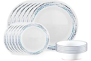 Corelle Vitrelle 18-Piece Service for 6 Dinnerware Set, Triple Layer Glass and Chip Resistant, Lightweight Round Plates and Bowls Set, Ocean Blue