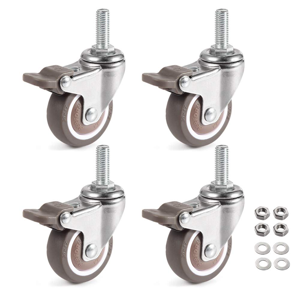 Skelang 4 Pcs 25mm Swivel Stem Threaded Castors with Brakes, TPE Mute Caster Wheel, Replacement Caster for Carts Trolley, Baby Bed, Table and Shelf, Total Load Capacity 60Kg