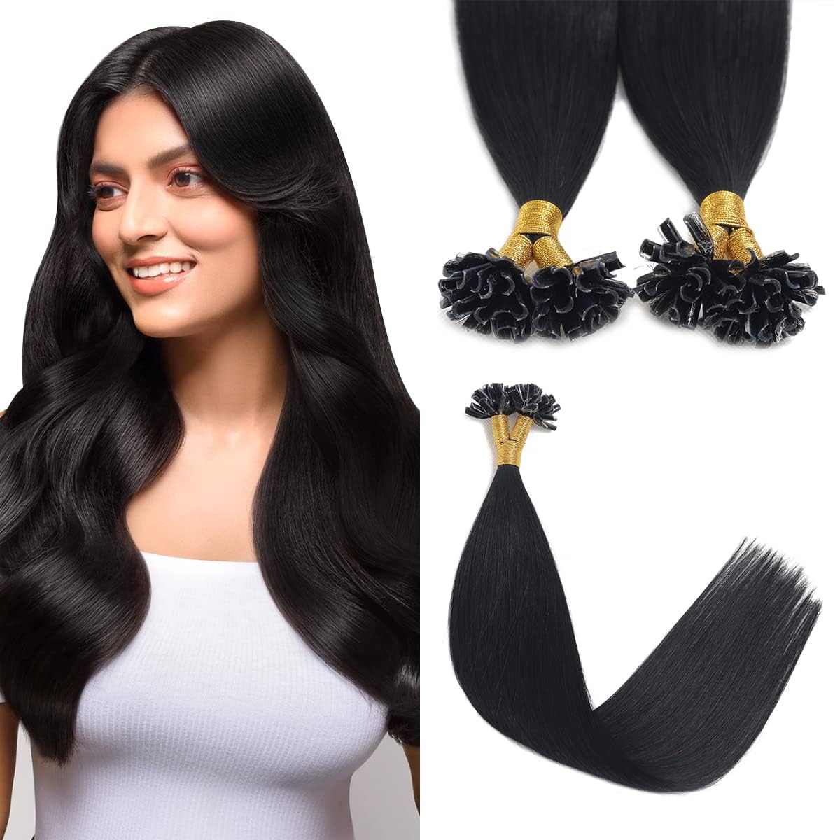 Sindra Keratin Hair Extensions Real Human Hair 16 Inch 50 Strands 40g Jet Black Pre Bonded U Tip Extensions #1 16 Inch — image 1