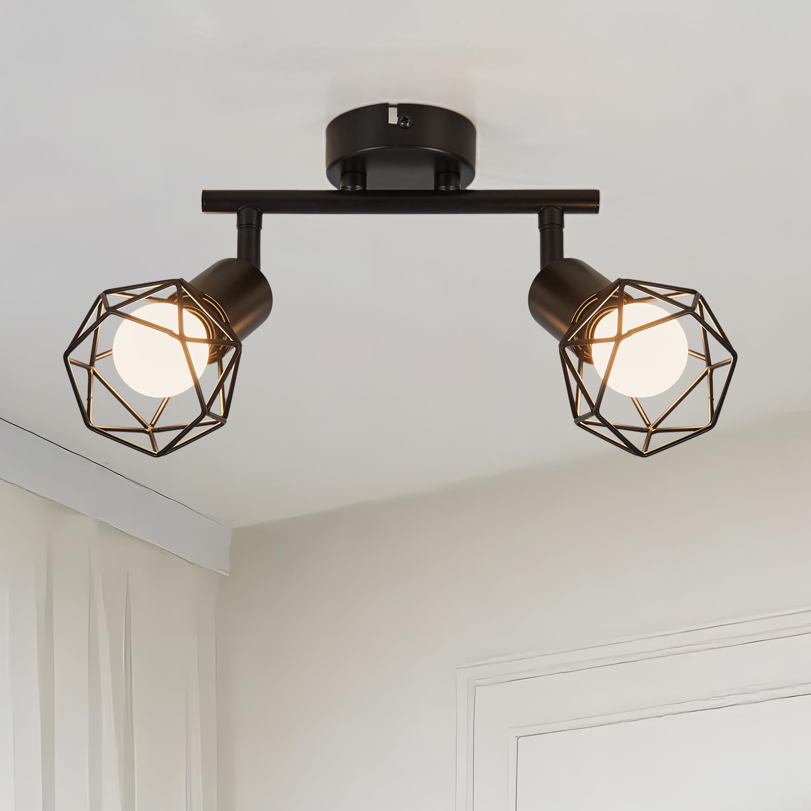 FORCOSO Retro 2 Way Ceiling Spotlight - Adjustable Wall Light Fitted in Matt Black Wire Cage, E14 Industrial Ceiling Light for Indoor Kitchen Living Room Bedroom Loft Hallway Bar Cafe