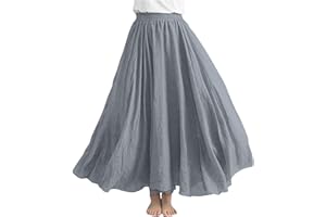 BORNIU Womens Linen Maxi Skirts Summer Boho Solid Beach Elastic High Waist Pleated A-Line Flowy Swing Long Maxi Skirts