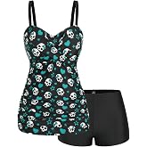 ROSE GAL Rosegal Plus Size Women 2 Piece Swimsuit Skull Heart Print Ruched Tummy Control Tankini Swimwear