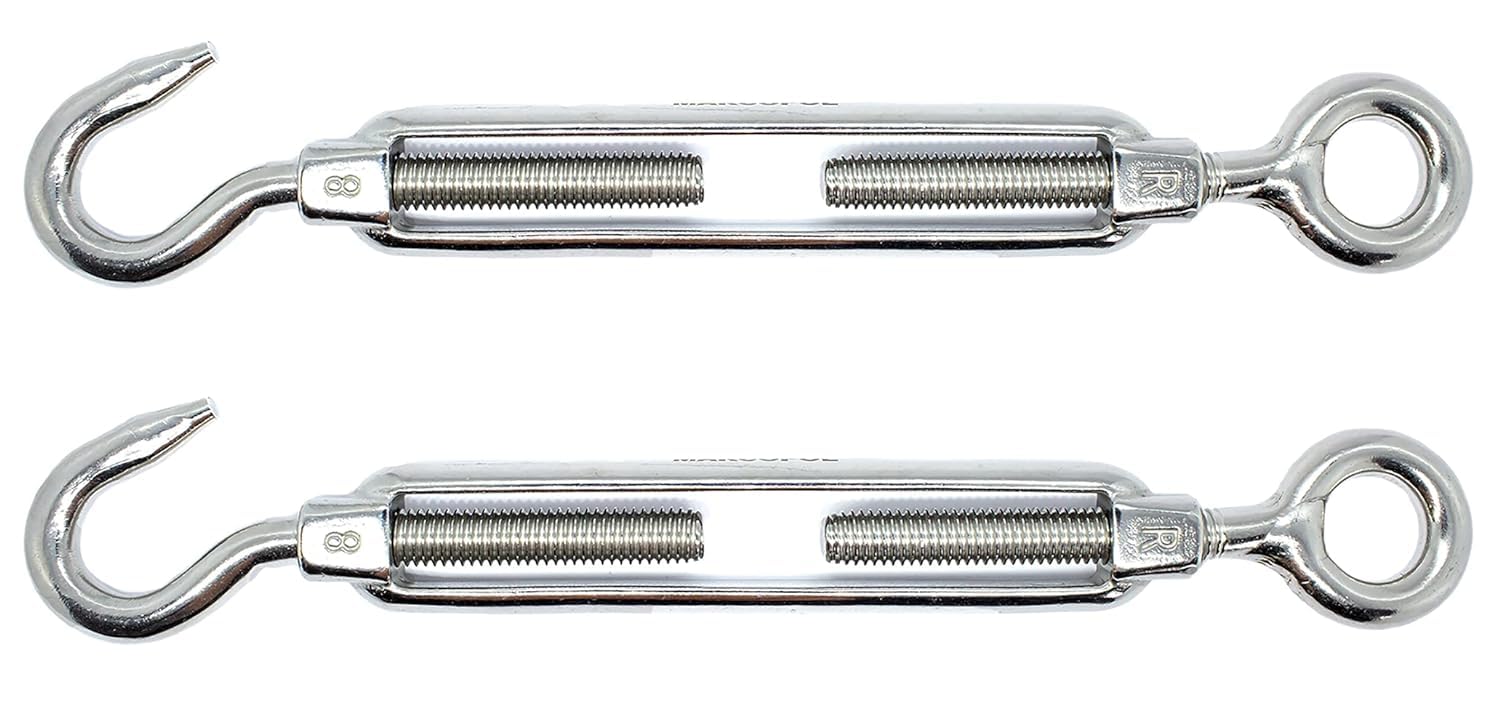 M6 x 90mm Eye & Hook Turnbuckles Wire Tensioner Strainer Open Closed Hook Threaded Hook A4 Marine Grade Stainless Steel (Pack of 2)