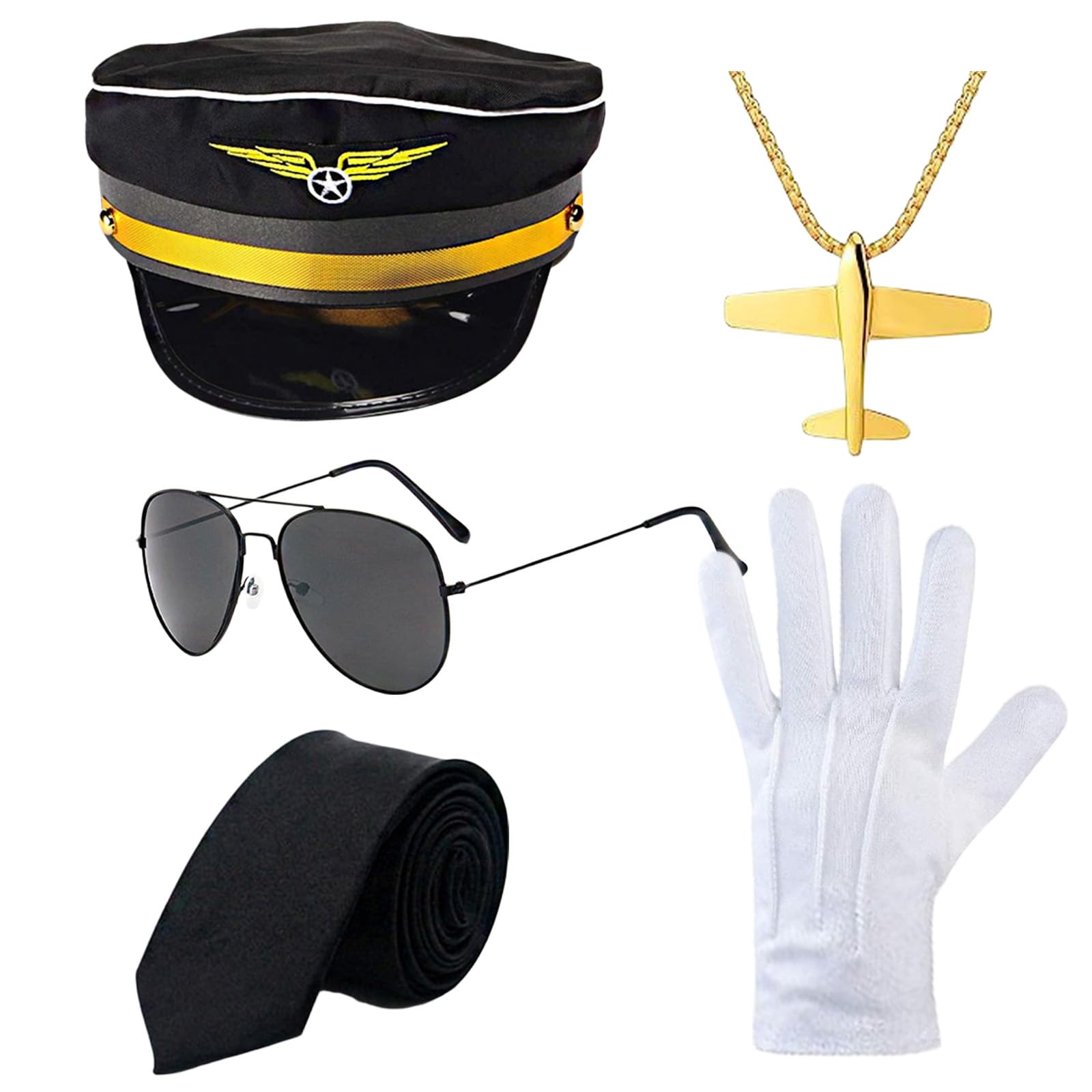 MUNSKT Black Captain Uniform Costume Set, Professional 5-Piece Pilot Suit with Hat Glasses Gloves Necklace Brooch for Role-Playing Themed Parties Carnival Activities Halloween Fancy Dress