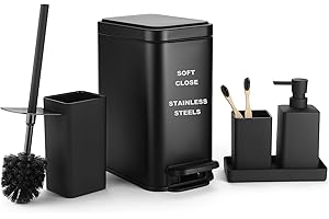 GAHEFY 5-Piece Bathroom Accessory Set with Stainless Steel 5L Soft-Close Trash Can, Toilet Brush with Holder, Soap Dispenser,