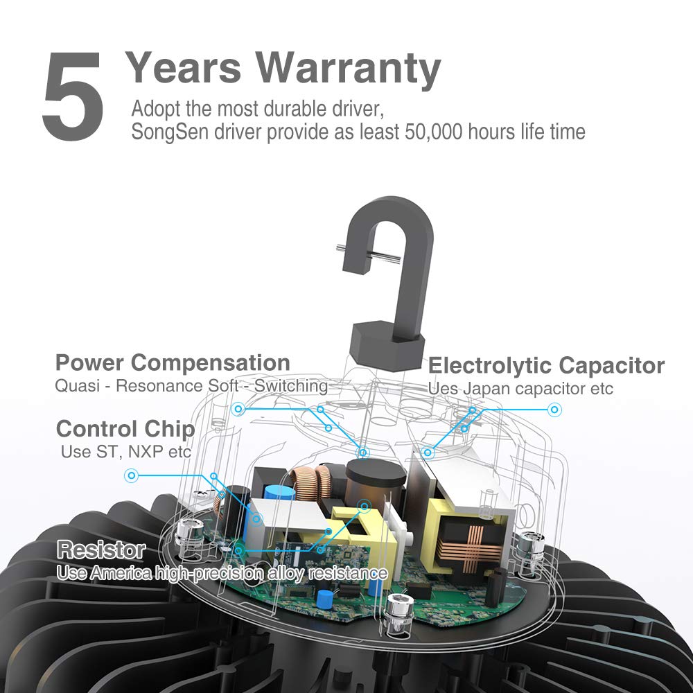 Hyperlite LED High Bay Light 150W 21,000lm 5000K 1-10V Dimmable UL/DLC Approved US Hook 5' Cable Alternative to 650W MH/HPS