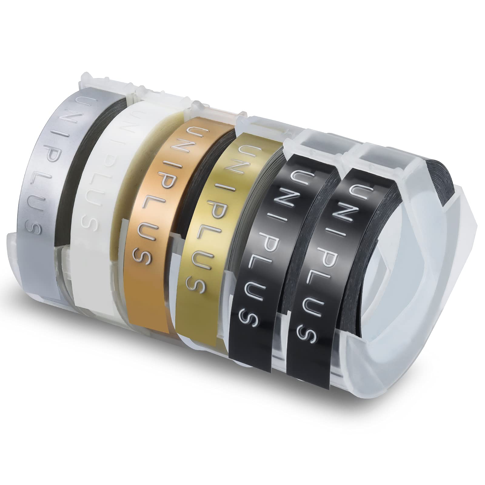 UniPlus Compatible Embossing Label Tape for Omega Embosser 9mm Omega S0717930 Junior S0717900 Tape for E-101 E-303 E-202 Label Maker, Gold/Champagne Gold/Clear/Silver/Black, 6-Rolls