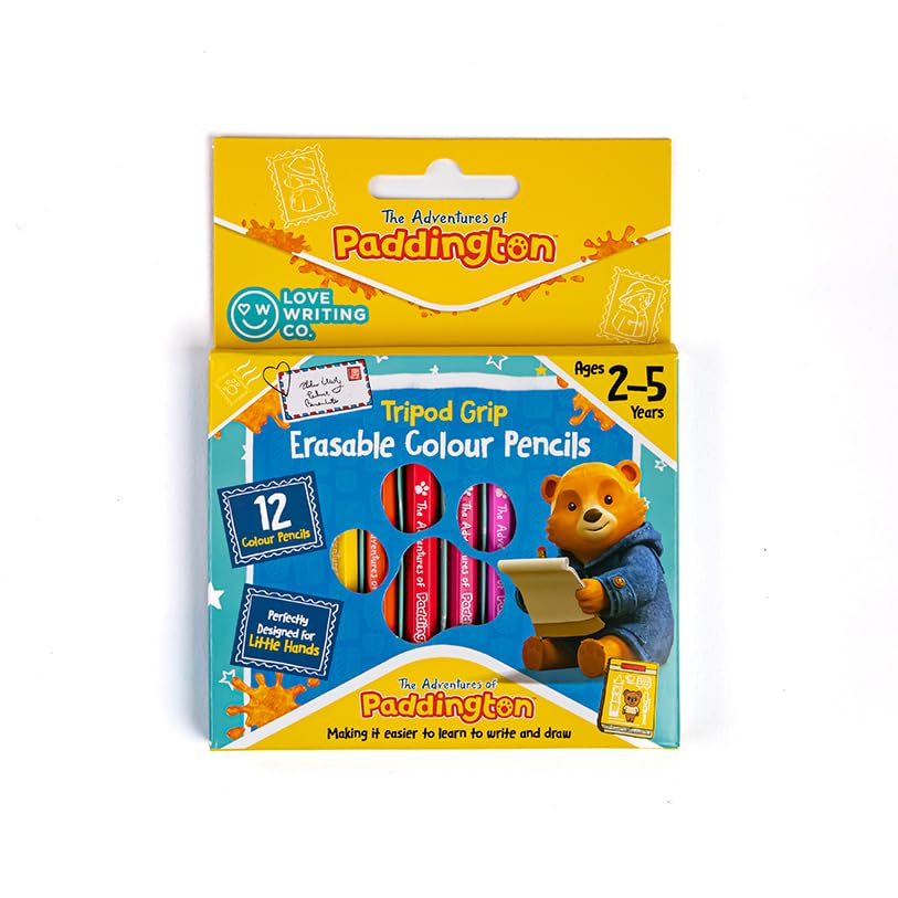 Love Writing Co. Paddington Tripod Grip Erasable Color Pencils for Children | Age 2, 3, 4, 5 | Ergonomic Design for Improved Writing Ability, Pencil Control, & Fine Motor Skills | Pack of 12
