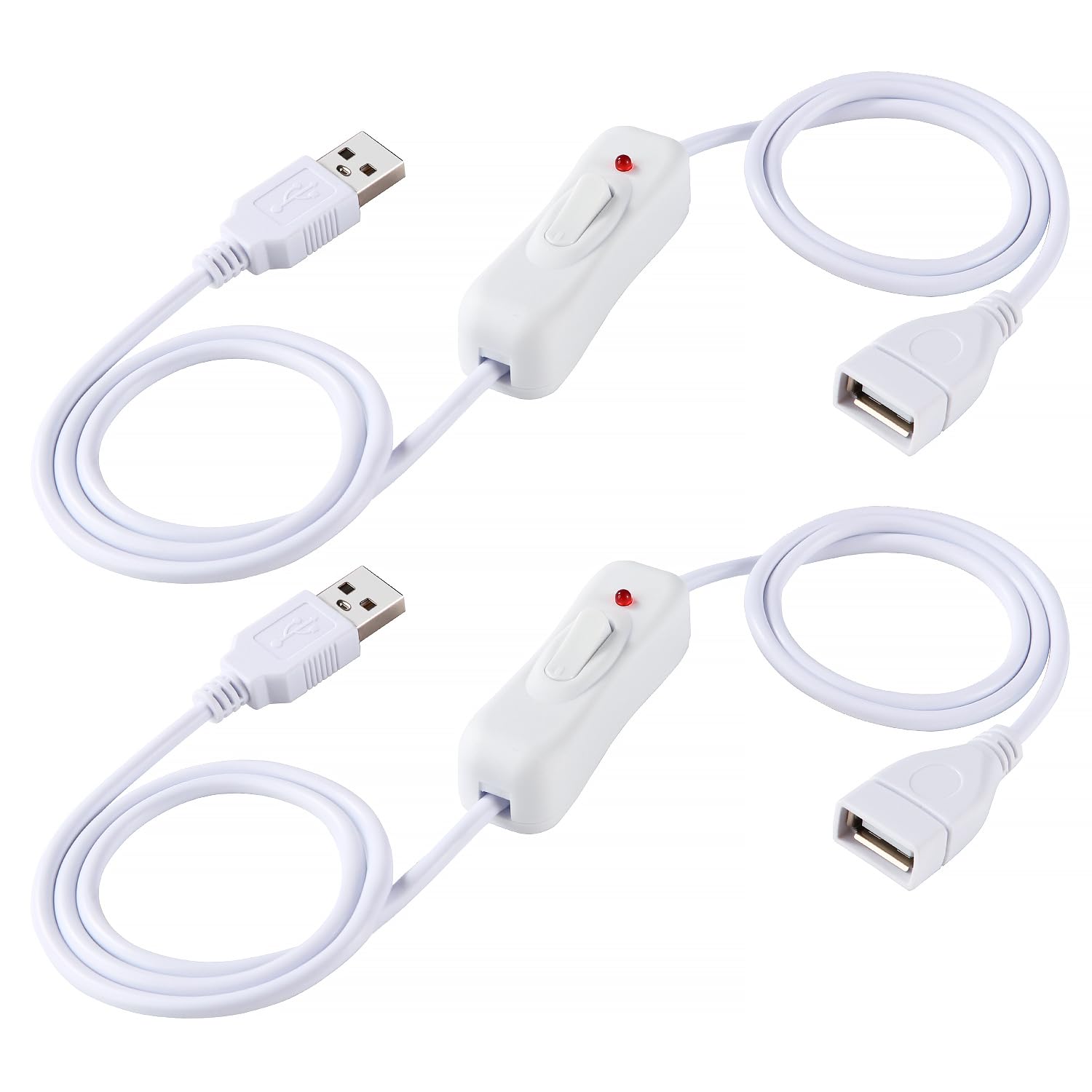 KUOQIY 2 PCS 1m USB Extension Cable with On/Off Switch, USB Switch Cable and Indicator Light, for LED Desk Lamp LED Strip, White