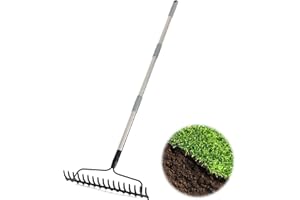MANXRKUI Garden Rake for Lawns, Heavy Duty Metal Gardening Rakes for Leaf, 5.5 FT Bow Rake for Thatch, Landscape, Yard Leveling, 17-Tine Rake Tool for Dethatcher, Rock, Loosening Soil