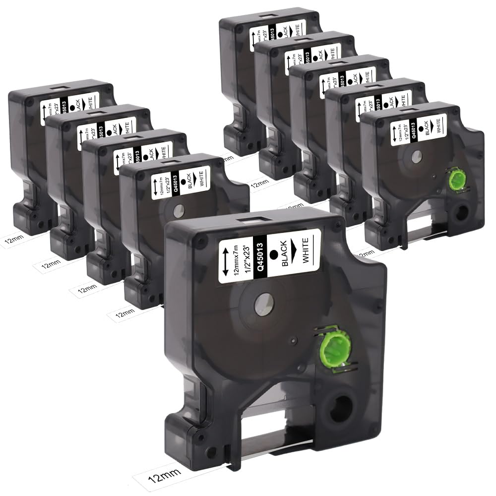 Molabel 10pack Compatible Label Tape Replacement for Dymo D1 45013 S0720530 （12mm x 7m） Black on White Tape Work with Dymo Label Manager 160 200 210D 280 360D 420P 450D