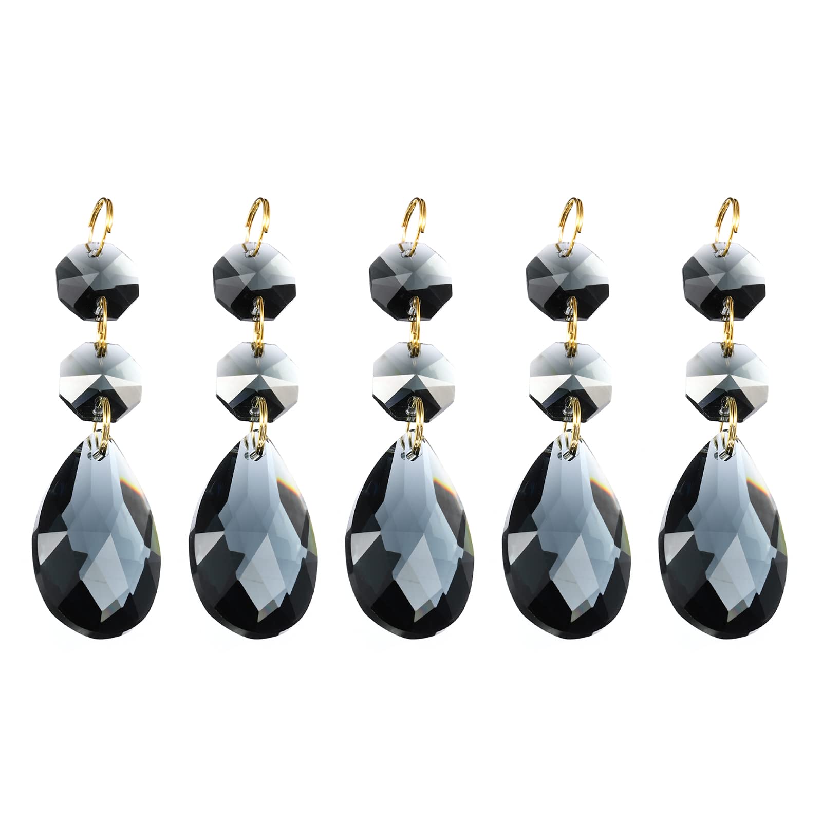PATIKIL Clear Crystal Teardrop, 5 Pack 38mm Chandelier Prisms Parts Hanging Beads with 14mm Octagonal Bead for Chandeliers Decoration, Light Black