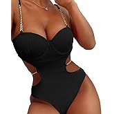 YAUASOPA Women's Women's Sexy Cutout Metal Chain Strap Bikini Set Ribbed one Piece Swimsuit Bathing Suit