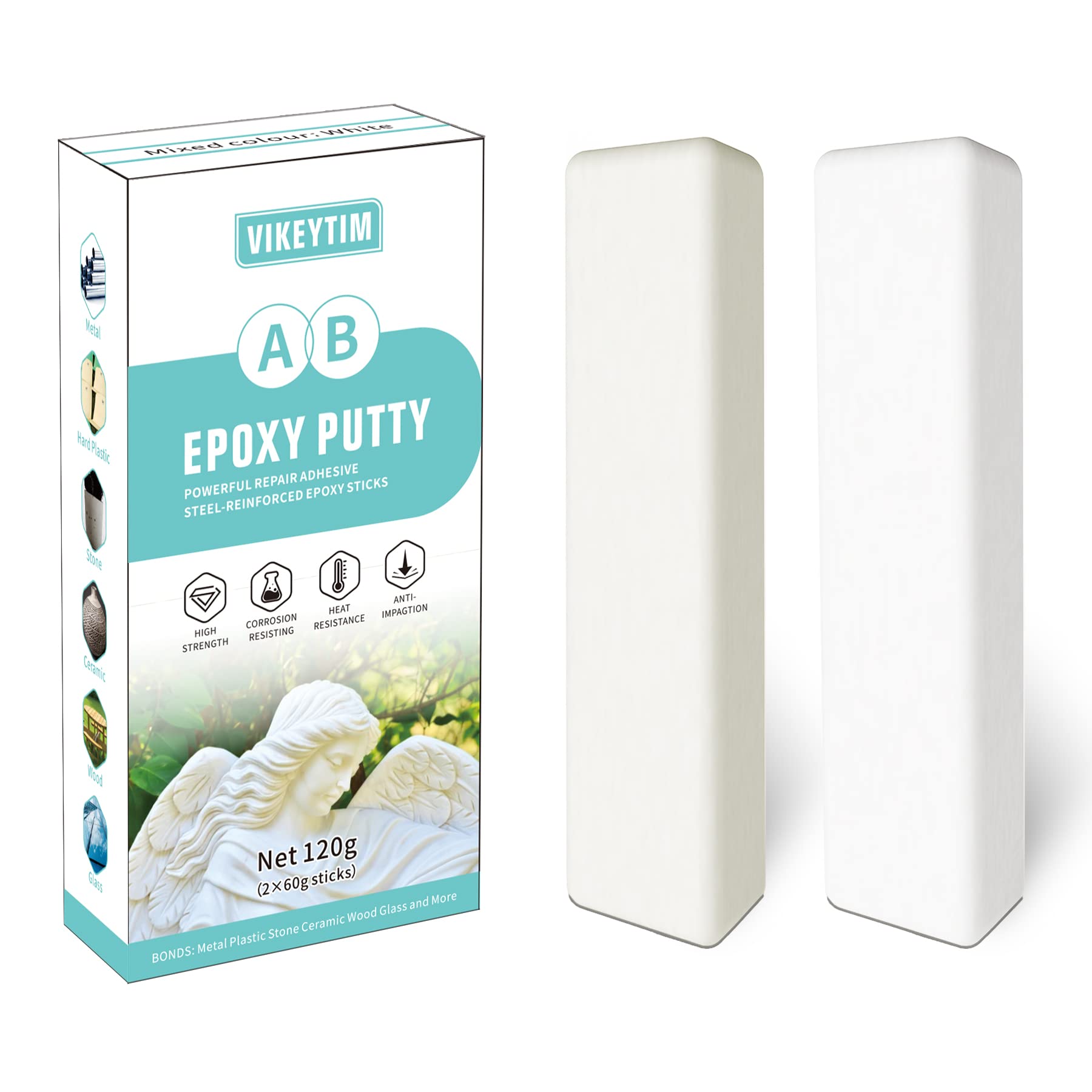 Photo 1 of VIKEYTIM 2 Component Adhesive Plastic, 120 g Epoxy Modelling Clay Bonding and Repair of Plastic, Ceramic, Acrylic, Metal, Stone, Wood, Glass, Heat and Water Resistant (White)