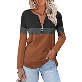 TICTICMISS Women's Long Sleeve Shirts Zipper Color Block V Neck Tunic Tops Casual Blouse