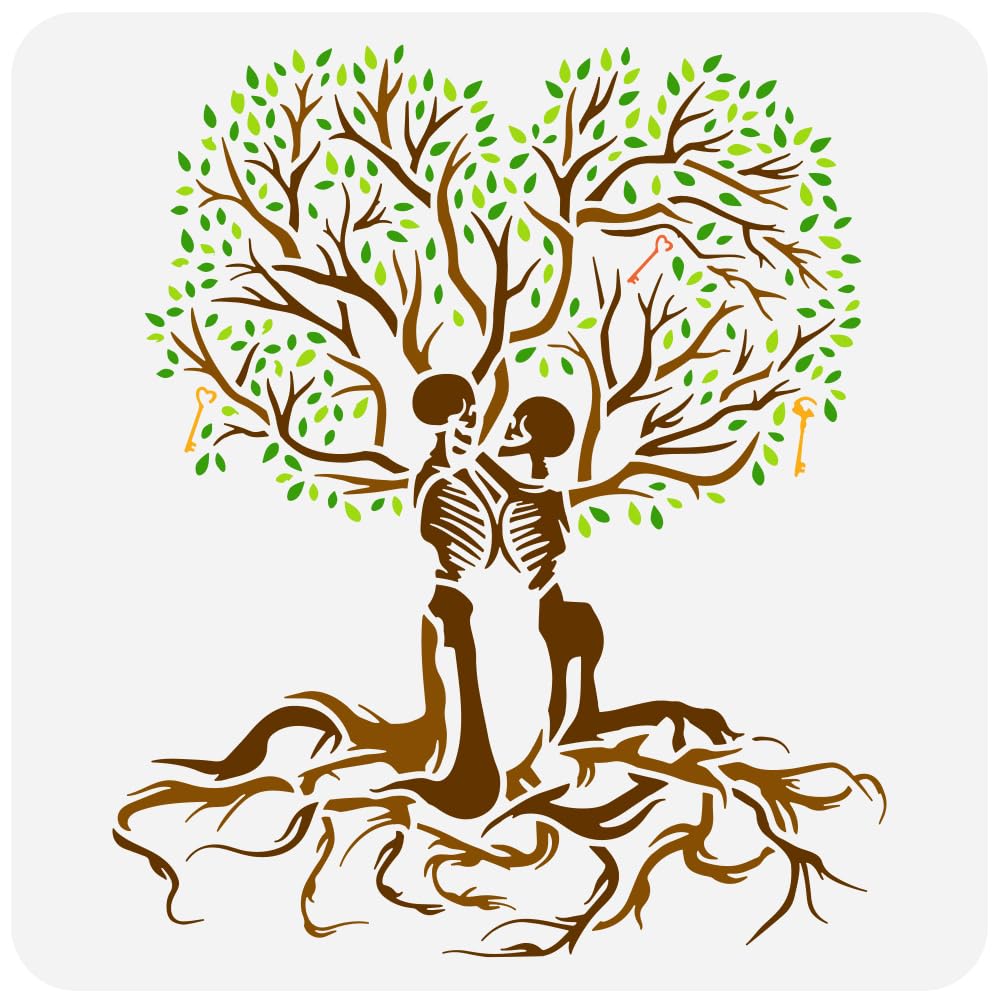 Photo 1 of FINGERINSPIRE Tree of Life Stencil 11.8x11.8 Inch - Love Till Death Painting Plastic Couple Skull Tree Key Pattern - Reusable DIY Art Craft for Home Wall Valentine's Day Decor