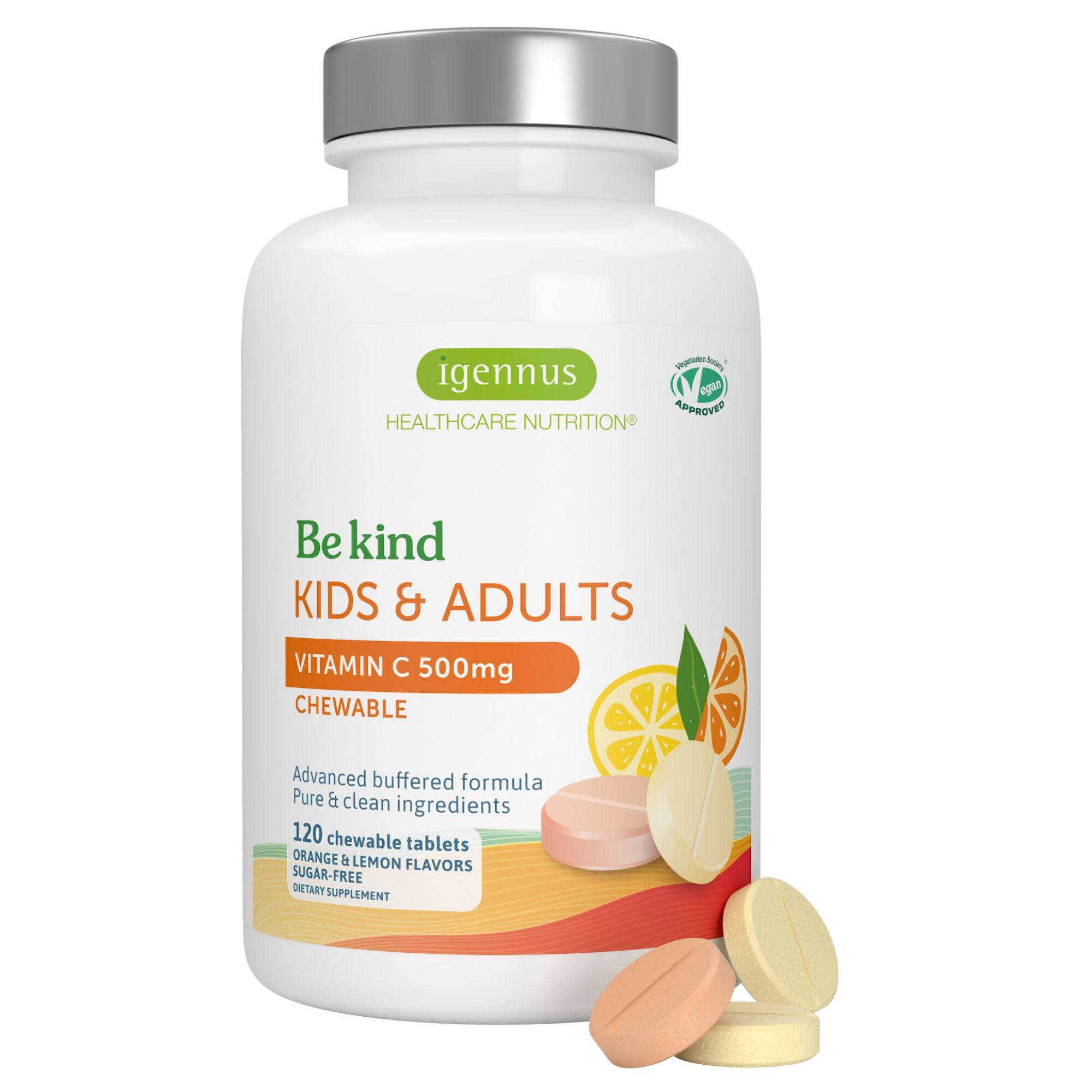 Igennus Gentle Buffered Vitamin C Chewable 500mg for Kids & Adults, No Artificial Colors & Natural Sugar Free Orange & Lemon Flavors, Vegan, Non-GMO, 120 Servings