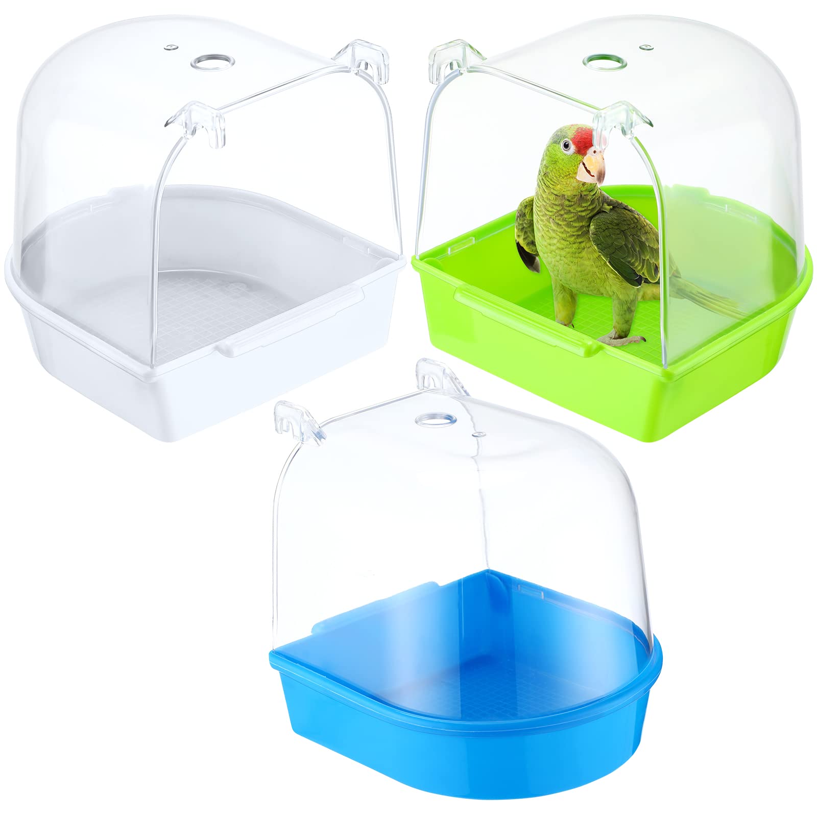 Photo 1 of 3 Pieces Clear Bird Bath for Cage Parakeet Bird Cage Accessories Hanging Bath Box Parrot Bathing Tub with Clear View for Cockatiel Conure Canary Budgies Parrots Blue Green White