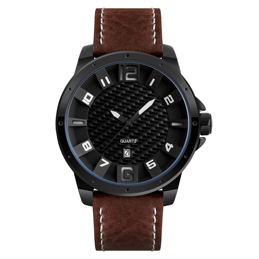 FeiWen Mens Large Dial Analog Quartz Watches Casual Style Balck Stainless Steel Case and Leather Band Business Dress Fashion Wrist Watch, Brown