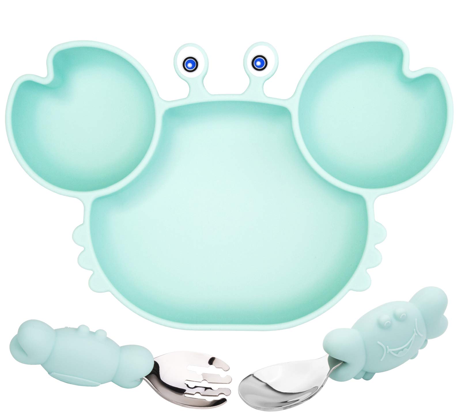 Linowos Silicone Suction Plate for Toddlers with Fork Spoon Set - Self Feeding Training Divided Plate Dish and Bowl for Baby and Toddler, Fits for Most Highchairs Trays