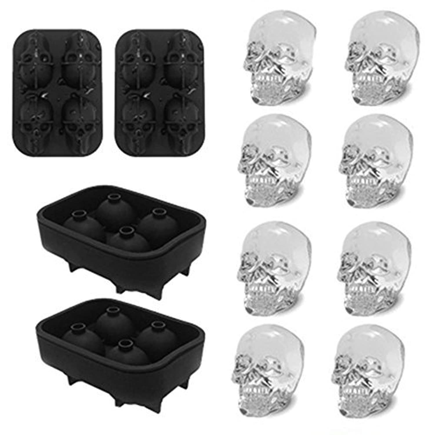 CHIYAN Silicone Skull Ice Cube Tray 2 Pack - 2" x 2.5" Skull Shaped Ice Molds - Black, 2 Pack Small Ice Mold, 16 Pieces, Dishwasher Safe