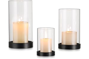 Inweder Hurricane Candle Holder for Pillar Candles: Clear Glass Hurricane Candle Holder 3Pcs Pillar Candle Holder for Tables Black Candle Holder Modern Candle Holder for Dining Table Living Room Home