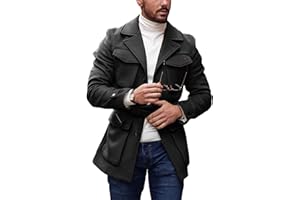 Pretifeel Mens Trench Coat Slim Fit Wool Blends Business Lapel Belted Overcoat Winter Casual Peacoat Jacket